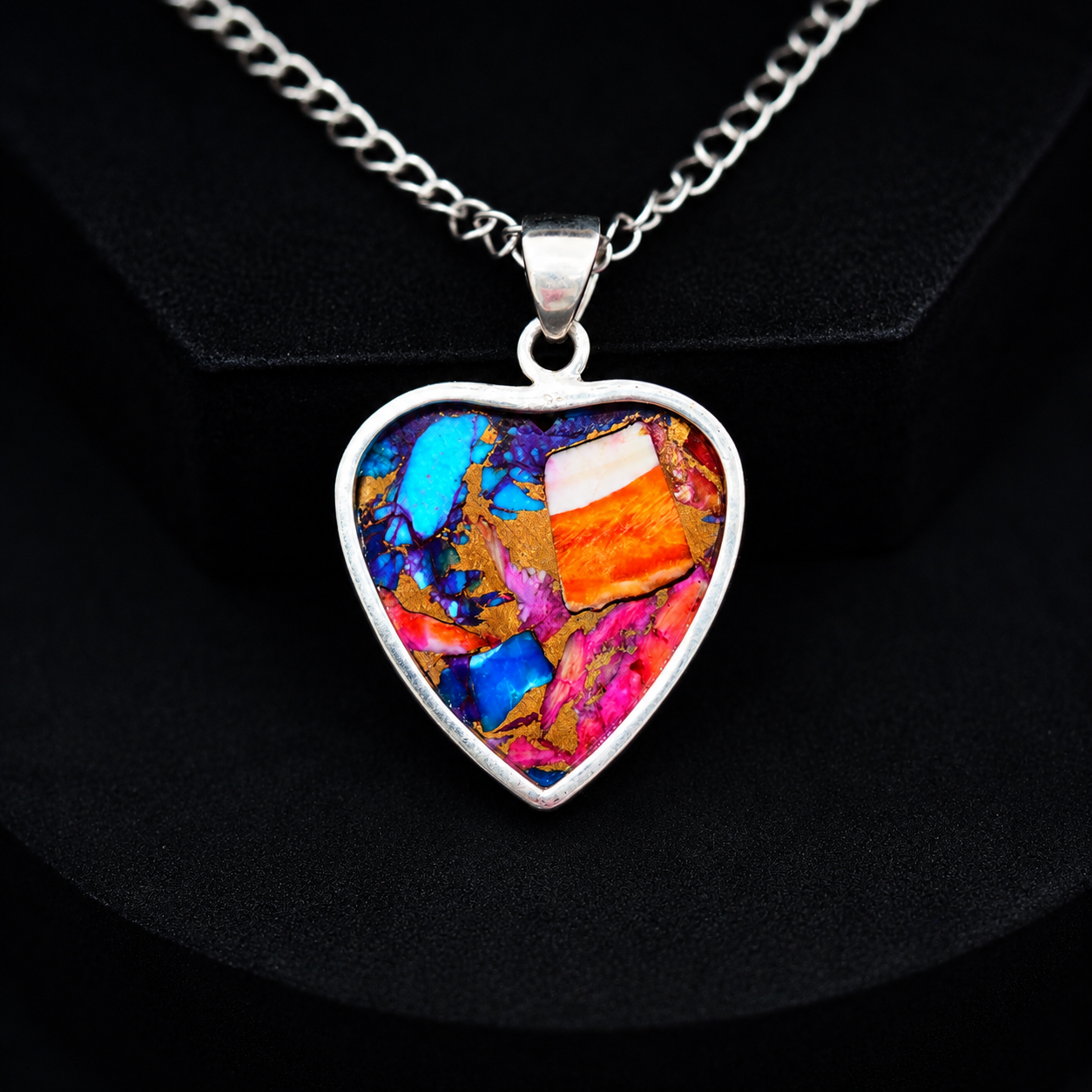 Copper turquoise and spiny oyster heart pendant necklace, full view with free sterling silver chain