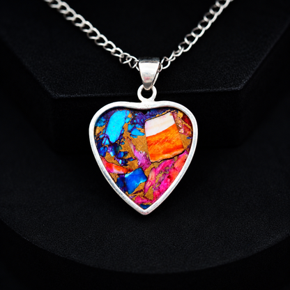Copper turquoise and spiny oyster heart pendant necklace, full view with free sterling silver chain