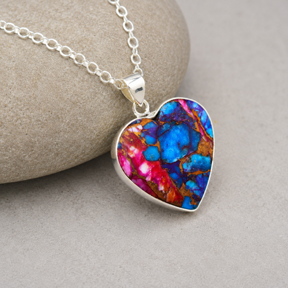 Copper turquoise heart pendant necklace laid flat showing full chain length