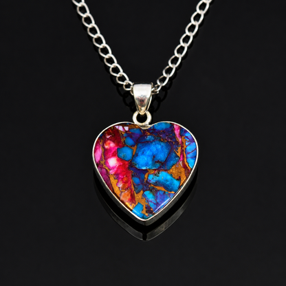 Copper turquoise and spiny oyster heart pendant necklace, full view with free sterling silver chain