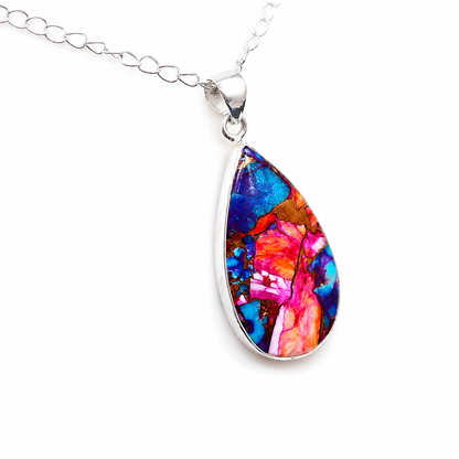 Copper Turquoise & Spiny Oyster Composite Pear Pendant Necklace – 925 Sterling Silver