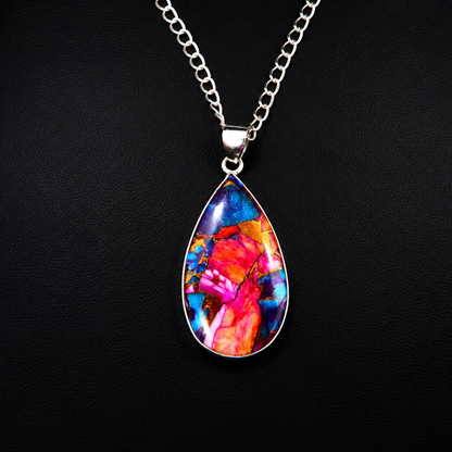 Copper Turquoise & Spiny Oyster Composite Pear Pendant Necklace – 925 Sterling Silver