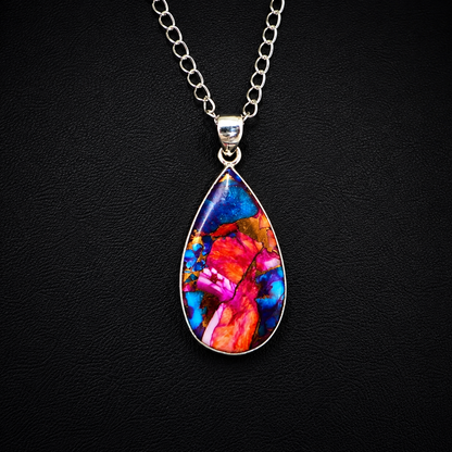 Copper Turquoise & Spiny Oyster Composite Pear Pendant Necklace – 925 Sterling Silver