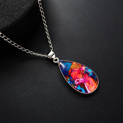 Copper Turquoise & Spiny Oyster Composite Pear Pendant Necklace – 925 Sterling Silver