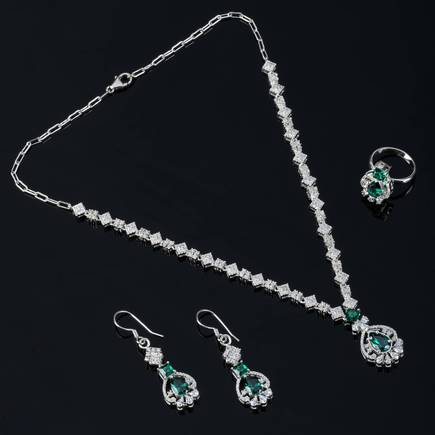 Elegant Silver Necklace Earrings Ring Jewelry Set | 925 Silver With Nano Green & White Zircon Gemstone Jewelry Set For Special Occasions