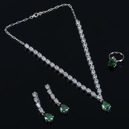 Unique Design 925 Sterling Silver Necklace Earrings Ring Jewelry Sets | 925 Sterling Silver Green and White Zircon Gemstone Jewelry Set