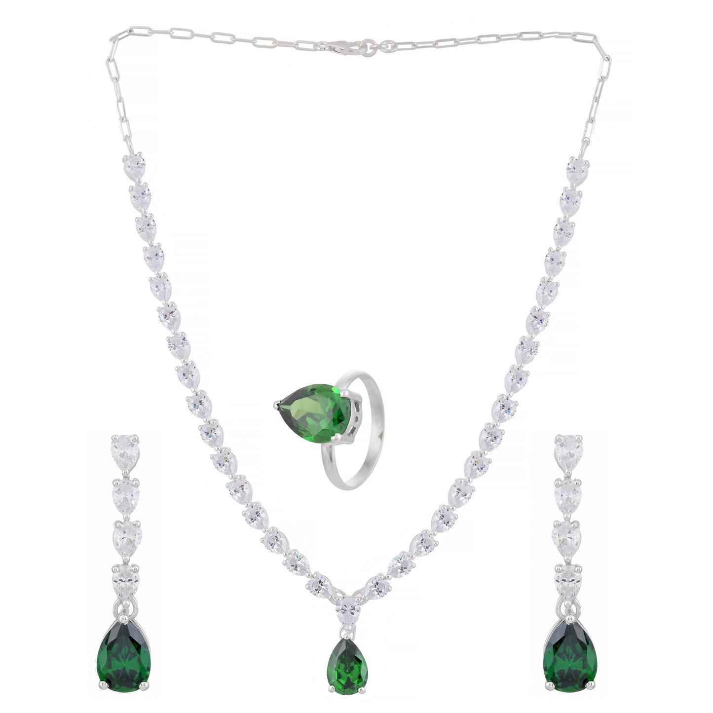 Unique Design 925 Sterling Silver Necklace Earrings Ring Jewelry Sets | 925 Sterling Silver Green and White Zircon Gemstone Jewelry Set