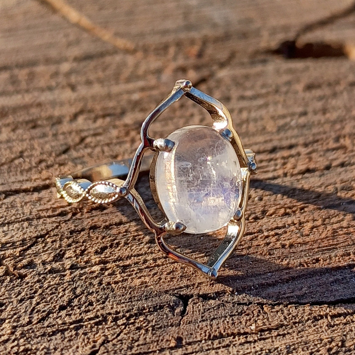 Rainbow Moonstone Ring, 14k White Gold Moonstone Ring, Healing Stones, Women Wedding Ring, Birthstone Gemstone Ring, Gold Ring, Stone Size 10x8x5mm