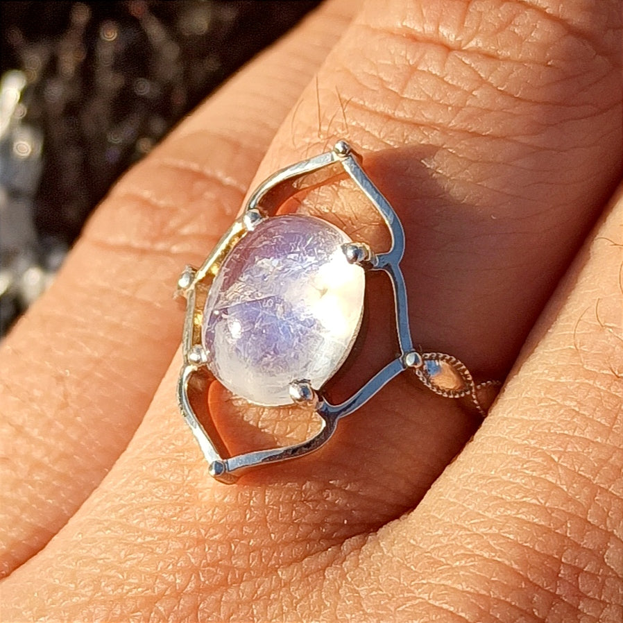 Rainbow Moonstone Ring, 14k White Gold Moonstone Ring, Healing Stones, Women Wedding Ring, Birthstone Gemstone Ring, Gold Ring, Stone Size 10x8x5mm