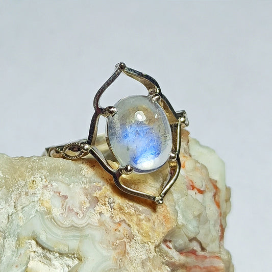 Rainbow Moonstone Ring, 14k White Gold Moonstone Ring, Healing Stones, Women Wedding Ring, Birthstone Gemstone Ring, Gold Ring, Stone Size 10x8x5mm