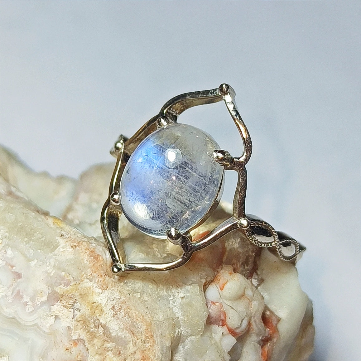 Rainbow Moonstone Ring, 14k White Gold Moonstone Ring, Healing Stones, Women Wedding Ring, Birthstone Gemstone Ring, Gold Ring, Stone Size 10x8x5mm