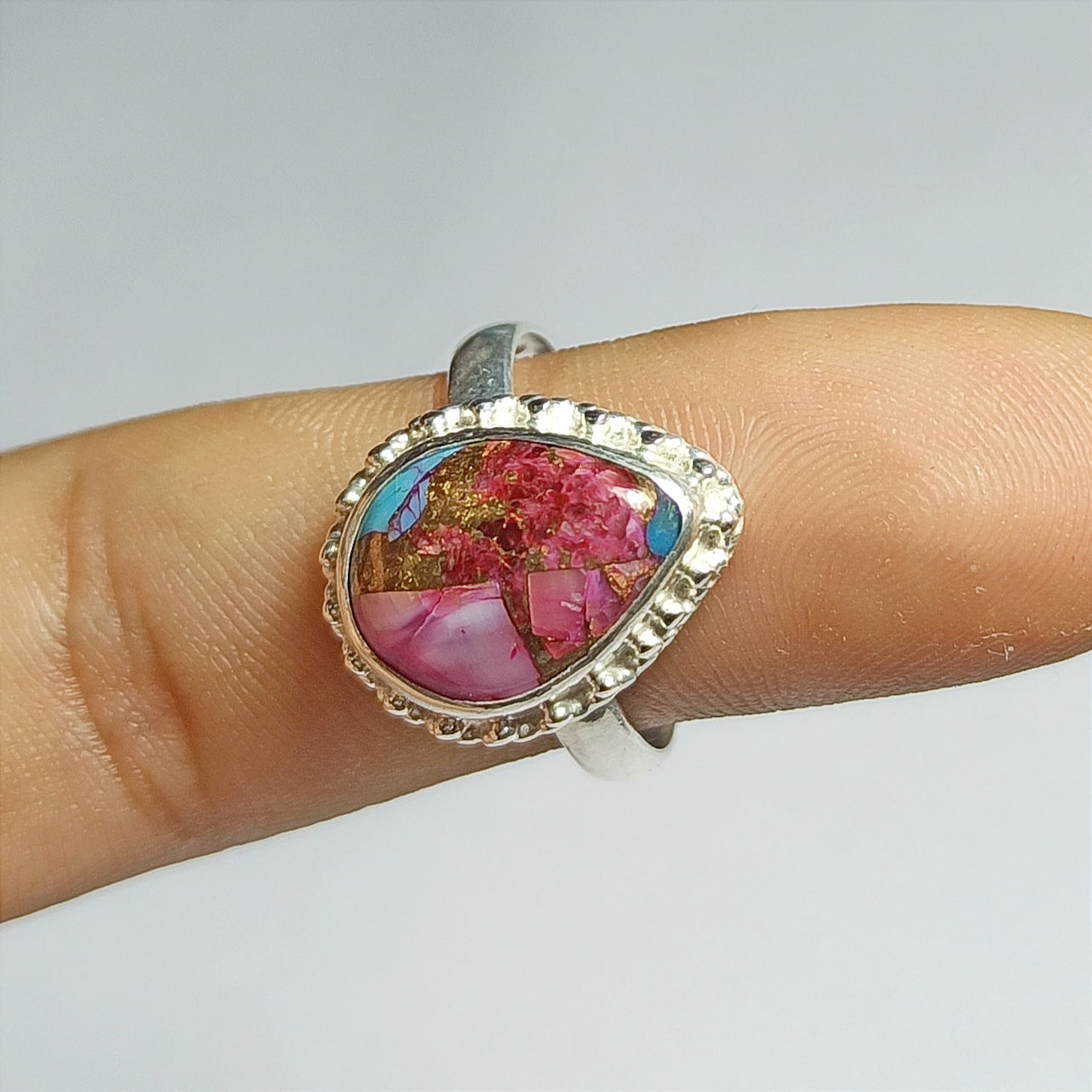 Pink Purple Turquoise Ring, 92.5 Solid Sterling Silver Ring, Pear Stone, Ring Size - 7.5