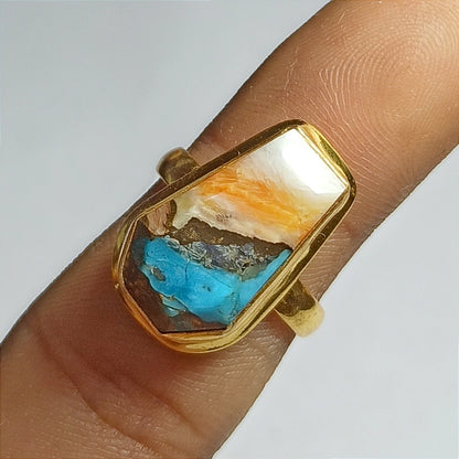 Spiny Oyster Copper Turquoise Ring, 92.5 Solid Sterling Silver Ring, Ring Size - 5.5