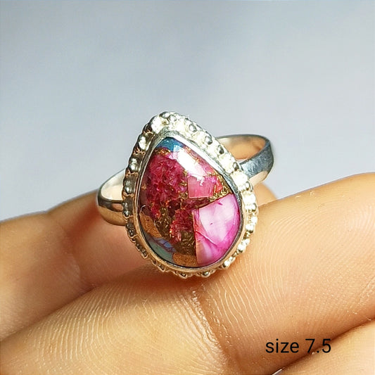 Pink Purple Turquoise Ring, 92.5 Solid Sterling Silver Ring, Pear Stone, Ring Size - 7.5