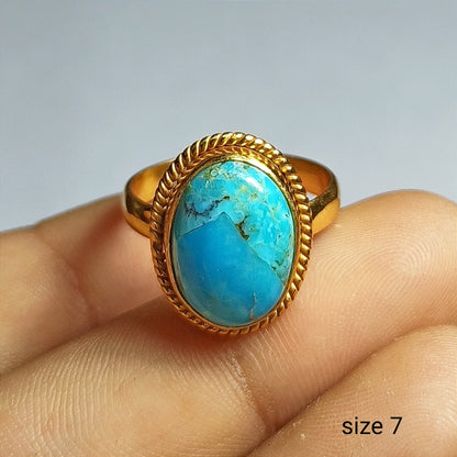 Turquoise Gemstone Silver Ring, 92.5 Solid Sterling Silver Ring, Ring Size - 7