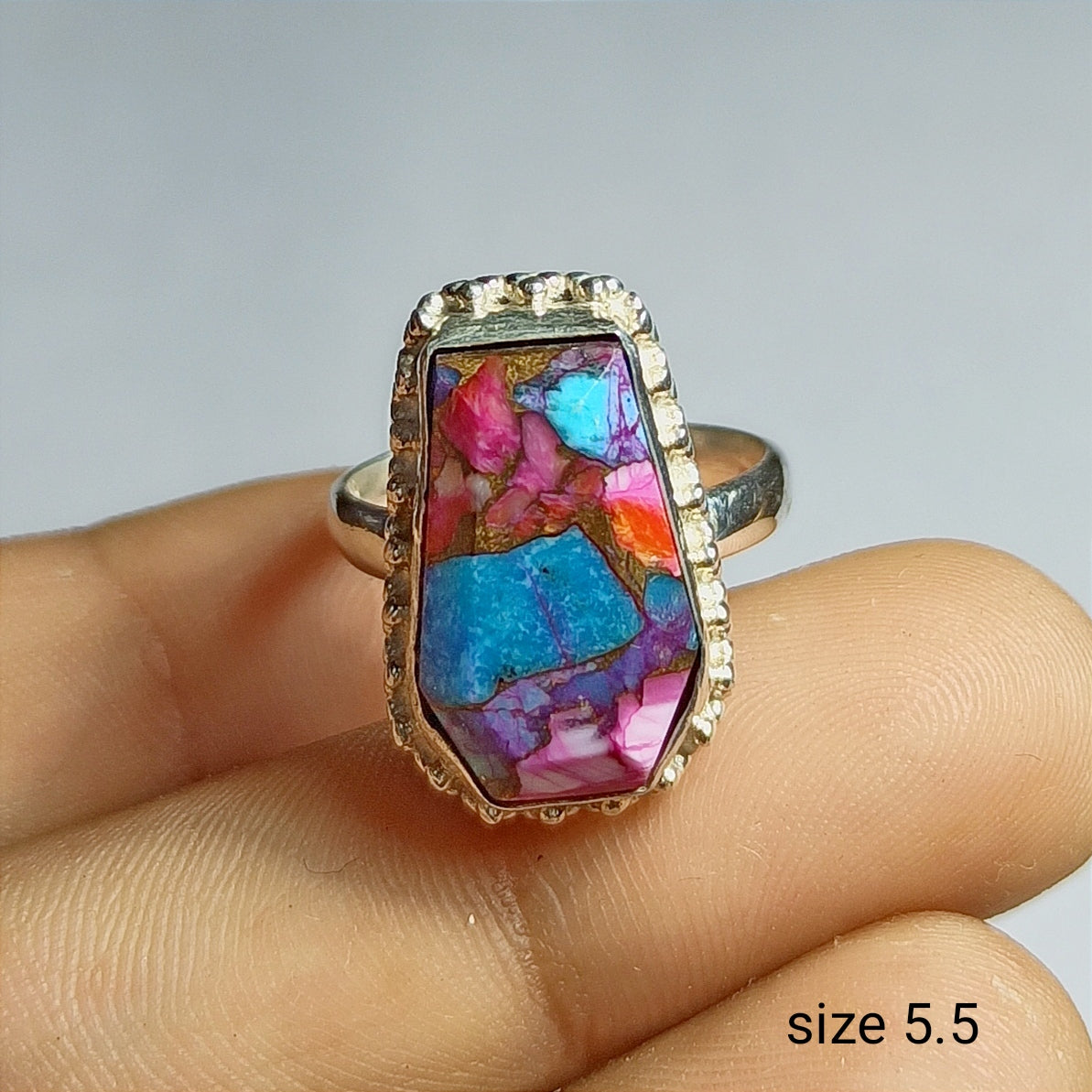 Pink Oyster Turquoise Ring, 92.5 Solid Sterling Silver Ring, Ring Size - 5.5