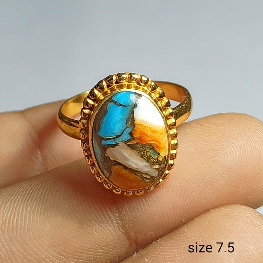 Spiny Oyster Turquoise Ring, 92.5 Solid Sterling Silver Ring, Ring Size - 7.5