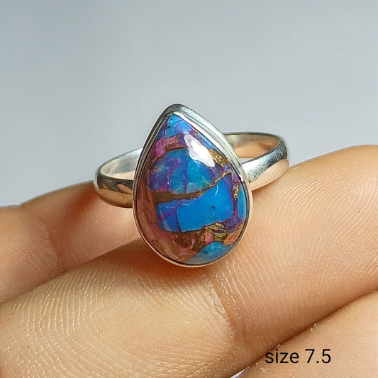 Pink Purple Turquoise Ring, 92.5 Solid Sterling Silver Ring, Ring Size - 7.5