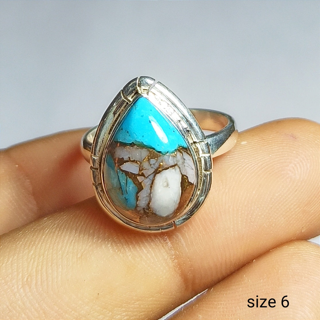 Pink Opal Turquoise Ring, 92.5 Solid Sterling Silver Ring, Ring Size - 6