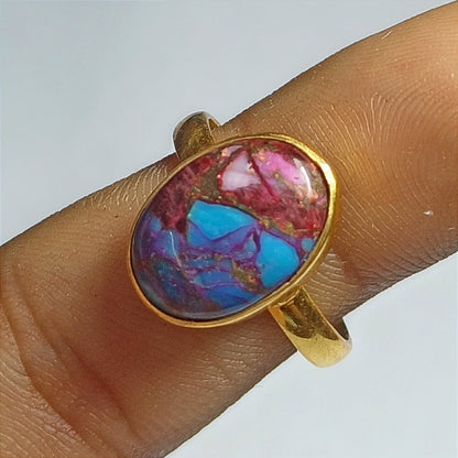 Pink Purple Turquoise Gemstone Ring, 92.5 Gold Plated Silver Ring, Ring Size - 7.5