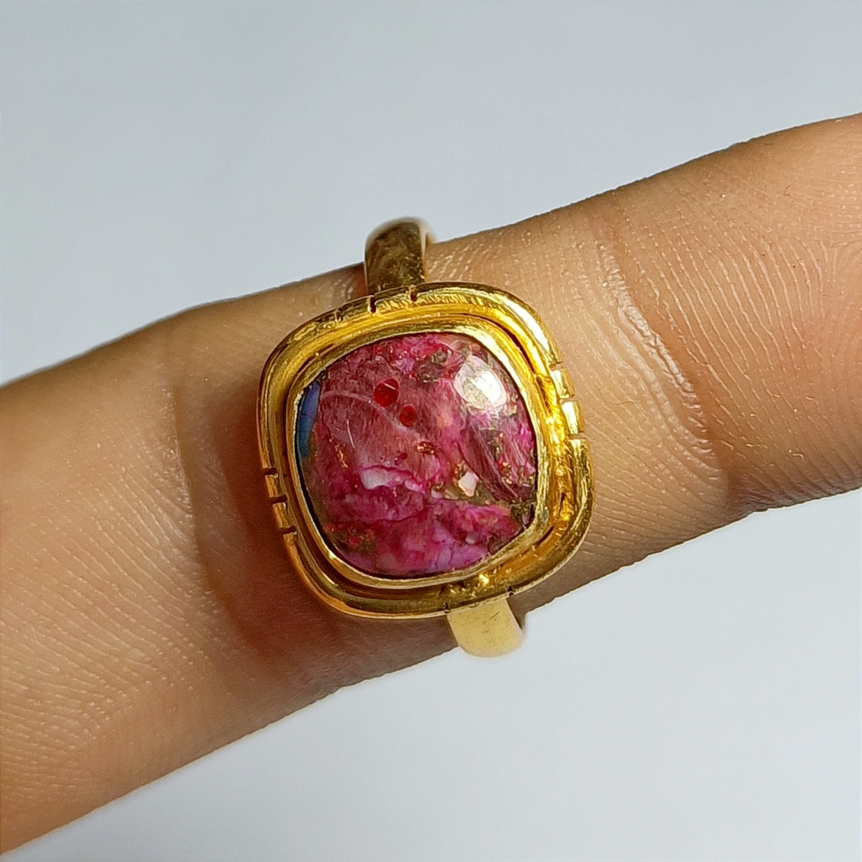 Pink Purple Turquoise Gemstone Silver Ring, 92.5 Gold Plated Silver Ring, Ring Size - 8