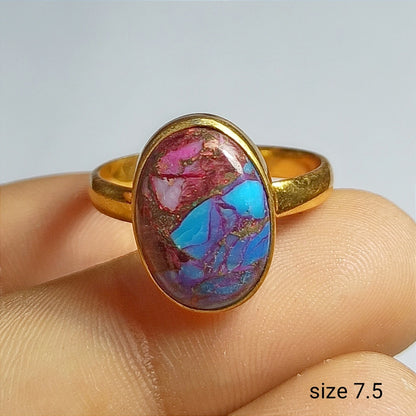 Pink Purple Turquoise Gemstone Ring, 92.5 Gold Plated Silver Ring, Ring Size - 7.5