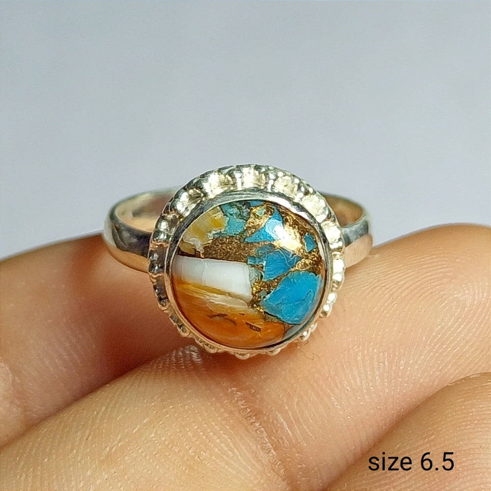 Spiny Oyster Turquoise Gemstone Silver Ring, 92.5 Solid Sterling Silver Ring, Ring Size - 6.5