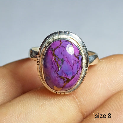 Purple Copper Turquoise Gemstone Silver Ring, 92.5 Solid Sterling Silver Ring, Ring Size - 8