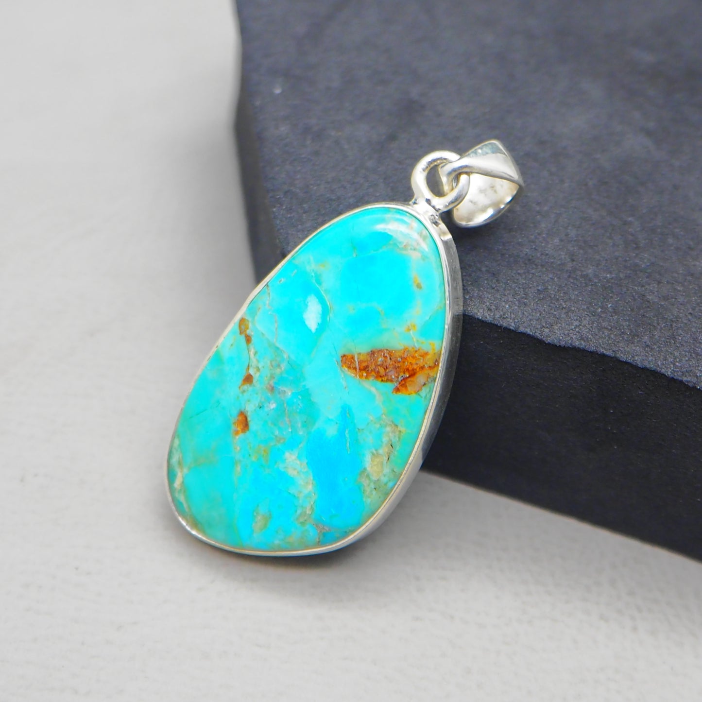 Kingman Blue Turquoise Pendant, 925 Sterling Silver, Blue Mohave Pendant, Trillion Shape Shape Pendant, Fashion Jewelry, 32.5Ct Approx.