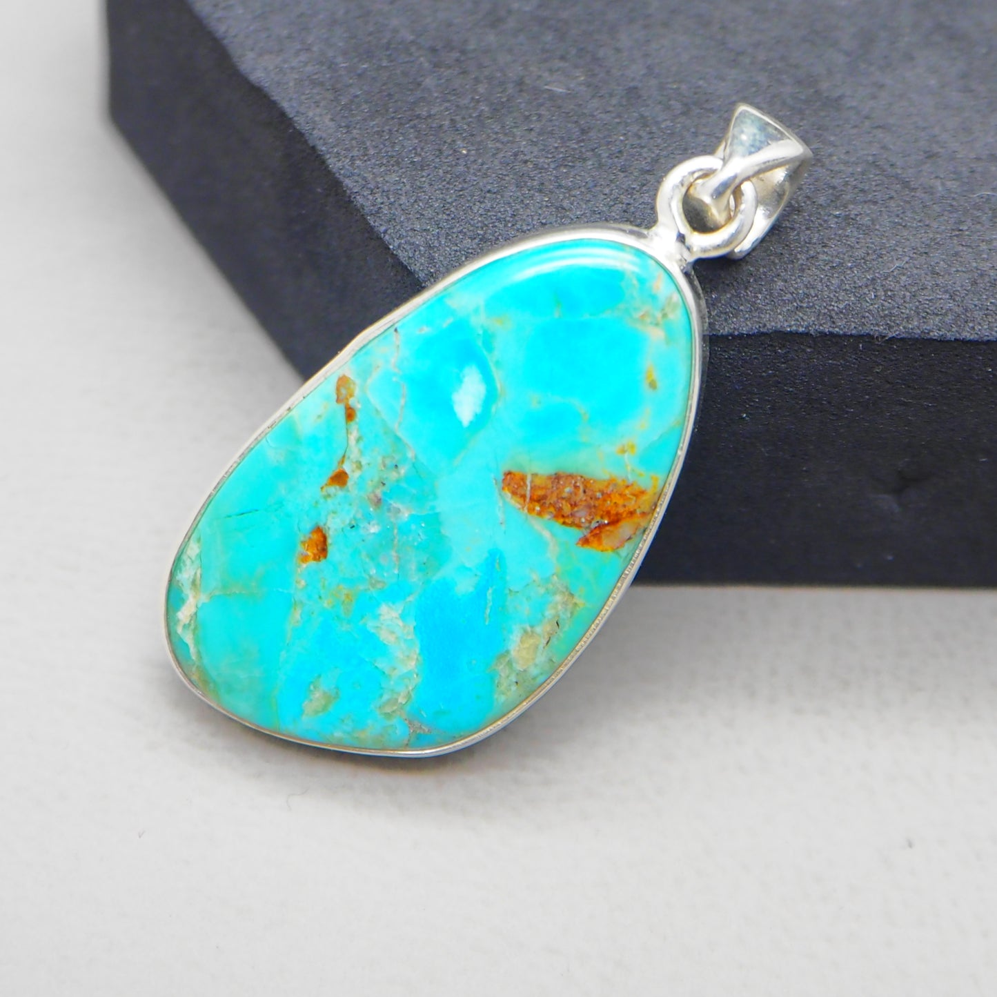 Kingman Blue Turquoise Pendant, 925 Sterling Silver, Blue Mohave Pendant, Trillion Shape Shape Pendant, Fashion Jewelry, 32.5Ct Approx.