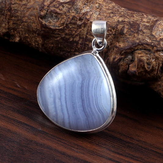 Blue Lace Agate Solid & Charm Sterling Silver Pendant Gemstone Jewelry