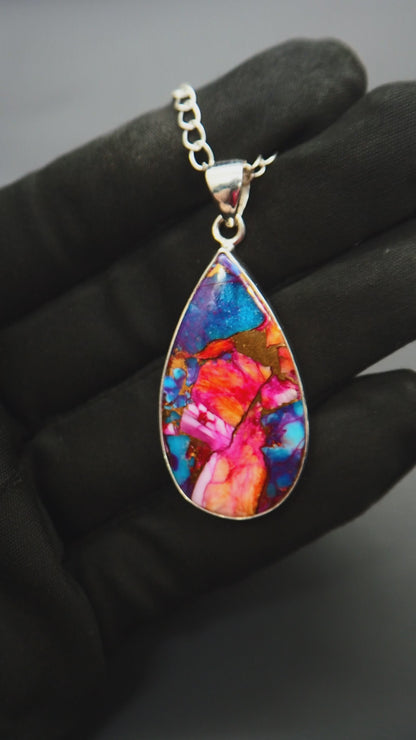 Copper Turquoise & Spiny Oyster Composite Pear Pendant Necklace – 925 Sterling Silver