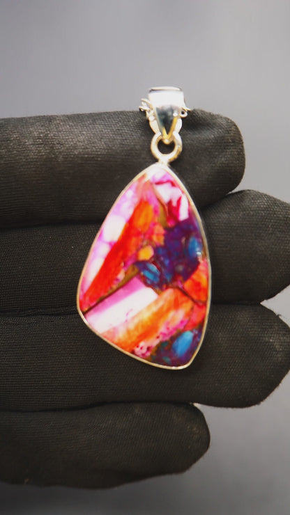 Copper Turquoise & Spiny Oyster Composite Freeform Pendant Necklace – 925 Sterling Silver