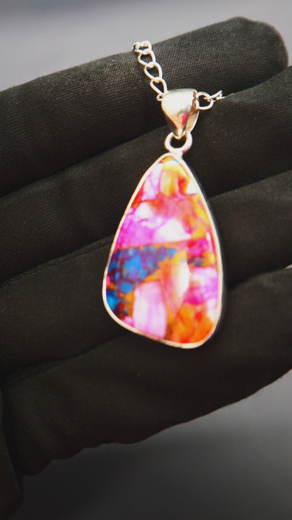 Copper Turquoise & Spiny Oyster Composite Freeform Pendant Necklace – 925 Sterling Silver