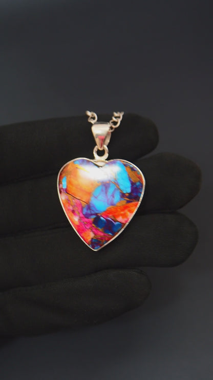 Copper Turquoise & Spiny Oyster Composite Heart Pendant Necklace – 925 Sterling Silver
