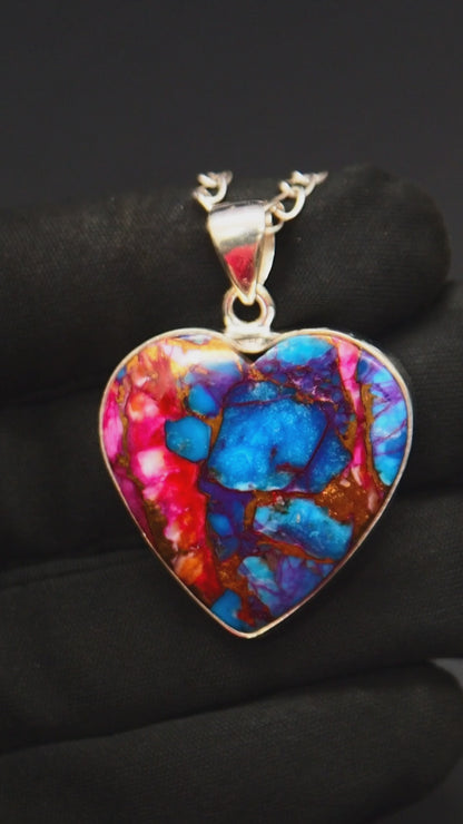 Copper Turquoise & Spiny Oyster Composite Heart Pendant Necklace – 925 Sterling Silver