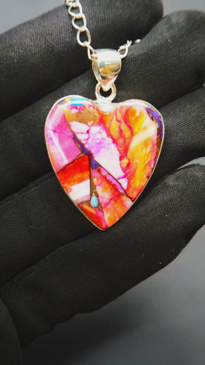 Kingman Copper Turquoise & Spiny Oyster Heart Pendant Necklace – 925 Sterling Silver
