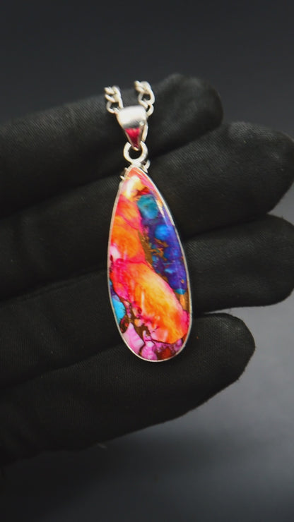 Copper Turquoise & Spiny Oyster Composite Teardrop Pendant Necklace – 925 Sterling Silver