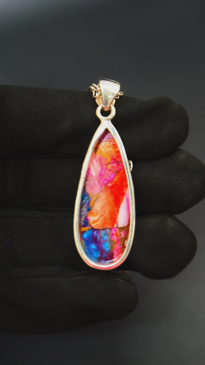 Copper Turquoise & Spiny Oyster Composite Teardrop Pendant Necklace – 925 Sterling Silver