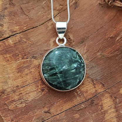 Seraphinite Gemstone Silver Pendant, 92.5 Sterling Silver Silver Pendant, Handmade Seraphinite Cabochon Necklace, 28x23x6mm