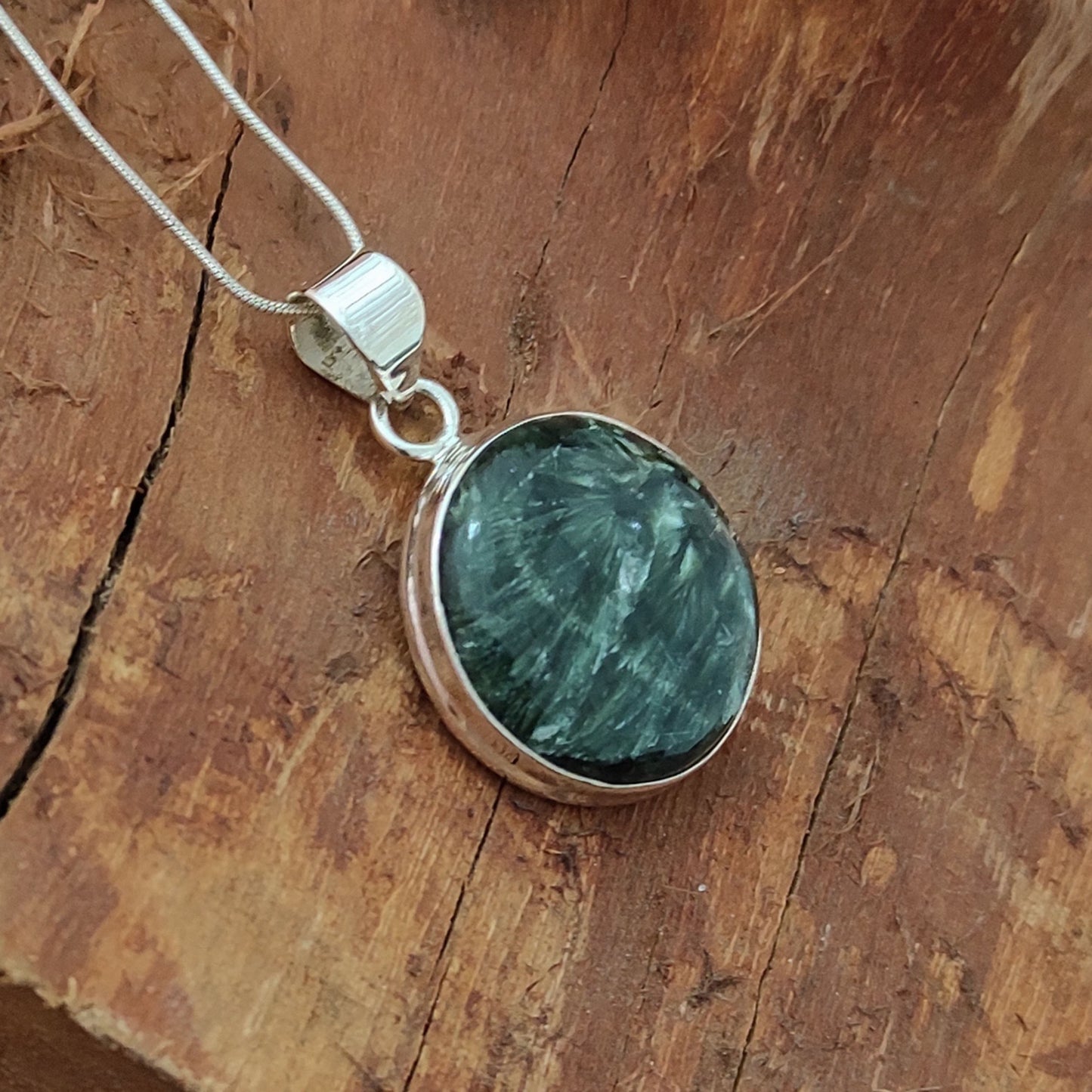 Seraphinite Gemstone Silver Pendant, 92.5 Sterling Silver Silver Pendant, Handmade Seraphinite Cabochon Necklace, 28x23x6mm