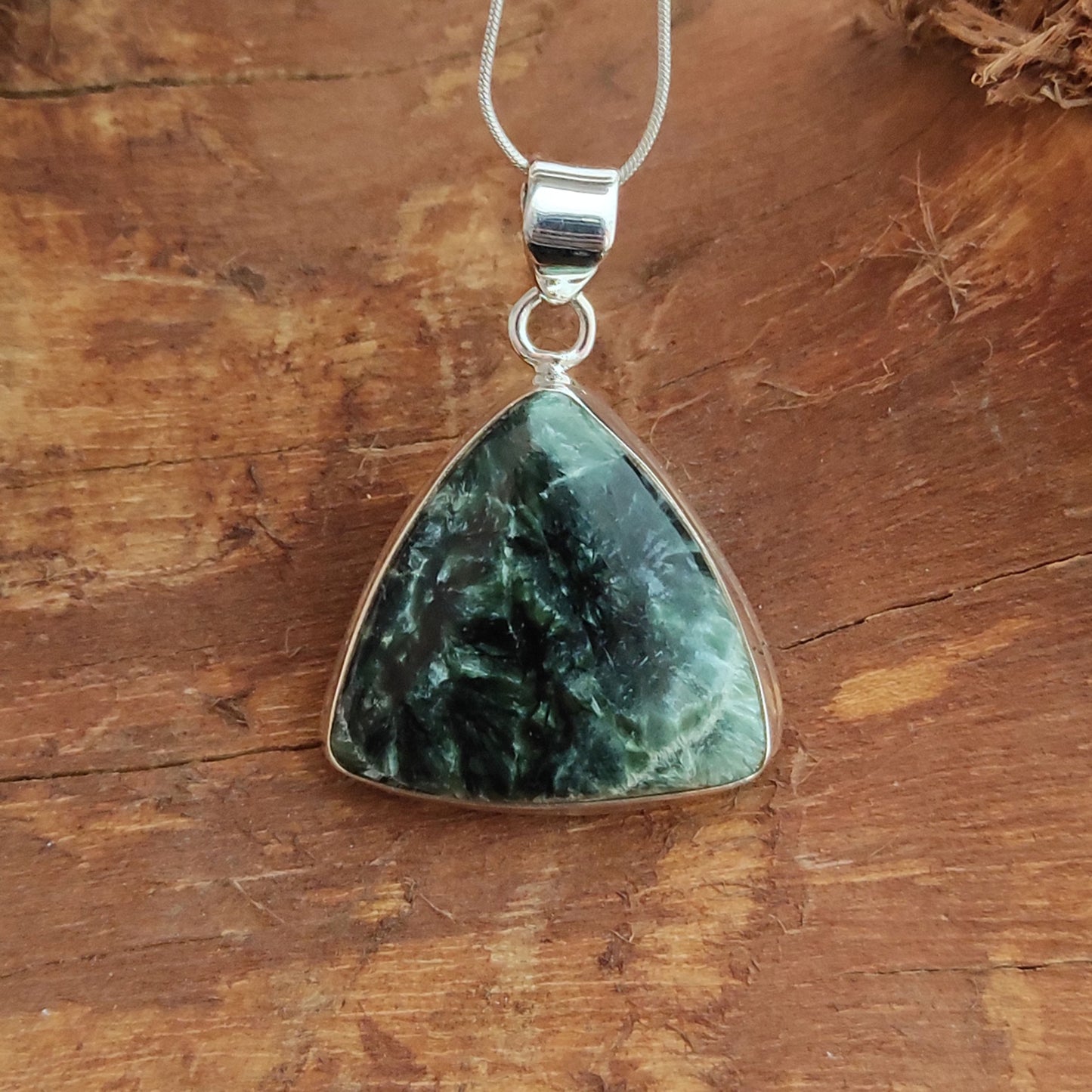 Seraphinite Gemstone Silver Pendant, 92.5 Sterling Silver Silver Pendant, Handmade Seraphinite Cabochon Necklace, 31x27x6mm