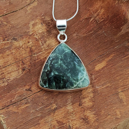 Seraphinite Gemstone Silver Pendant, 92.5 Sterling Silver Silver Pendant, Handmade Seraphinite Cabochon Necklace, 31x27x6mm