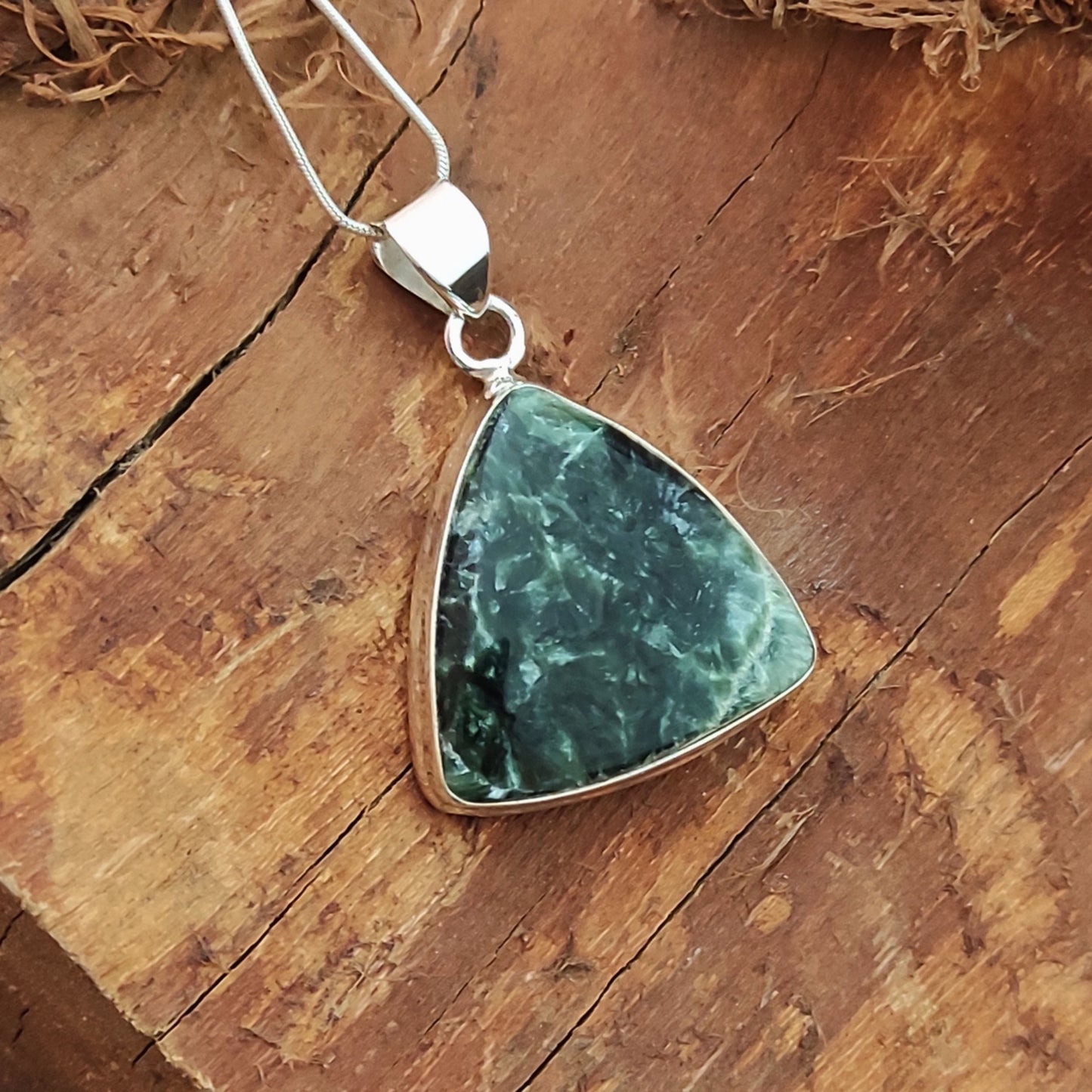 Seraphinite Gemstone Silver Pendant, 92.5 Sterling Silver Silver Pendant, Handmade Seraphinite Cabochon Necklace, 31x27x6mm