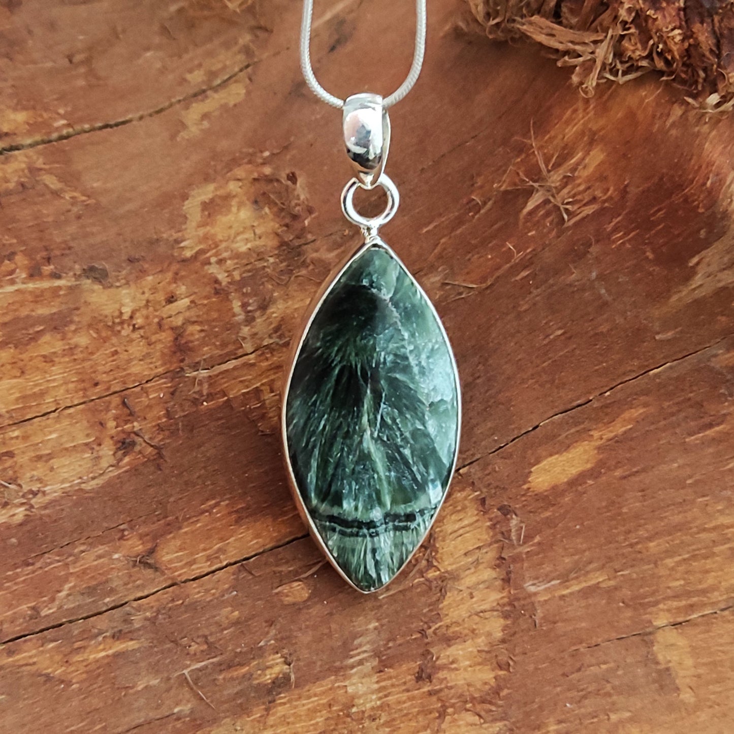 Seraphinite Gemstone Silver Pendant, 92.5 Sterling Silver Silver Pendant, Handmade Seraphinite Cabochon Necklace, 47x19x6mm