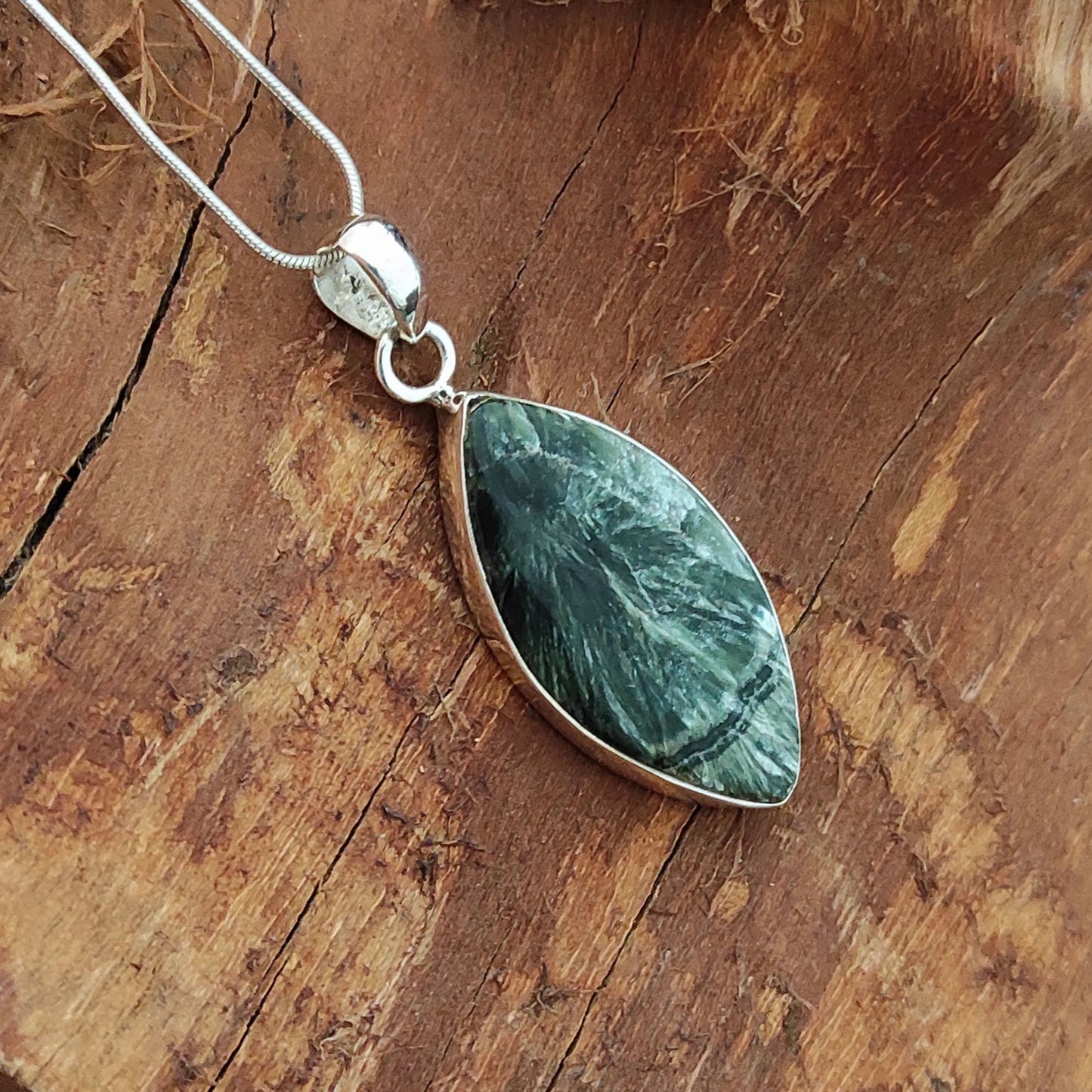 Seraphinite Gemstone Silver Pendant, 92.5 Sterling Silver Silver Pendant, Handmade Seraphinite Cabochon Necklace, 47x19x6mm