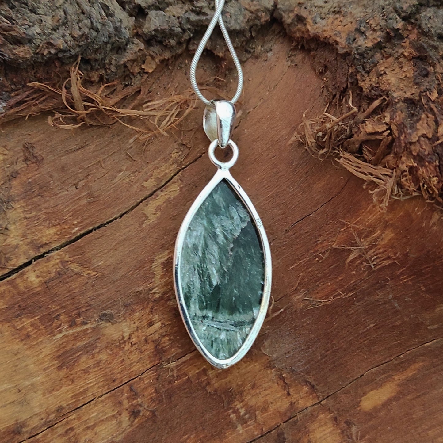 Seraphinite Gemstone Silver Pendant, 92.5 Sterling Silver Silver Pendant, Handmade Seraphinite Cabochon Necklace, 47x19x6mm