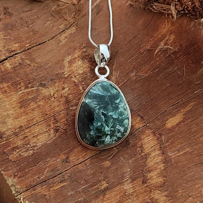 Seraphinite Gemstone Silver Pendant, 92.5 Sterling Silver Silver Pendant, Handmade Seraphinite Cabochon Necklace, 30x20x6mm