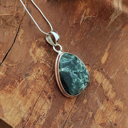 Seraphinite Gemstone Silver Pendant, 92.5 Sterling Silver Silver Pendant, Handmade Seraphinite Cabochon Necklace, 30x20x6mm