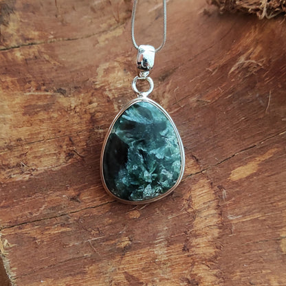 Seraphinite Gemstone Silver Pendant, 92.5 Sterling Silver Silver Pendant, Handmade Seraphinite Cabochon Necklace, 30x20x6mm